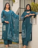 Premium Cotton Embroidered Suit - Teal Blue