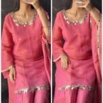 Premium Peach Short Kurta with Flared Bottom Tissue Suit -