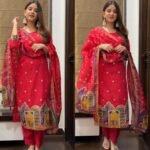 Premium Embroidered Russian Silk Suit Red