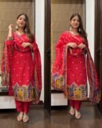 Premium Embroidered Russian Silk Suit Red