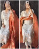 Premium Ivory Tissue Suit with Banarasi Dupatta -Orange - Image 2