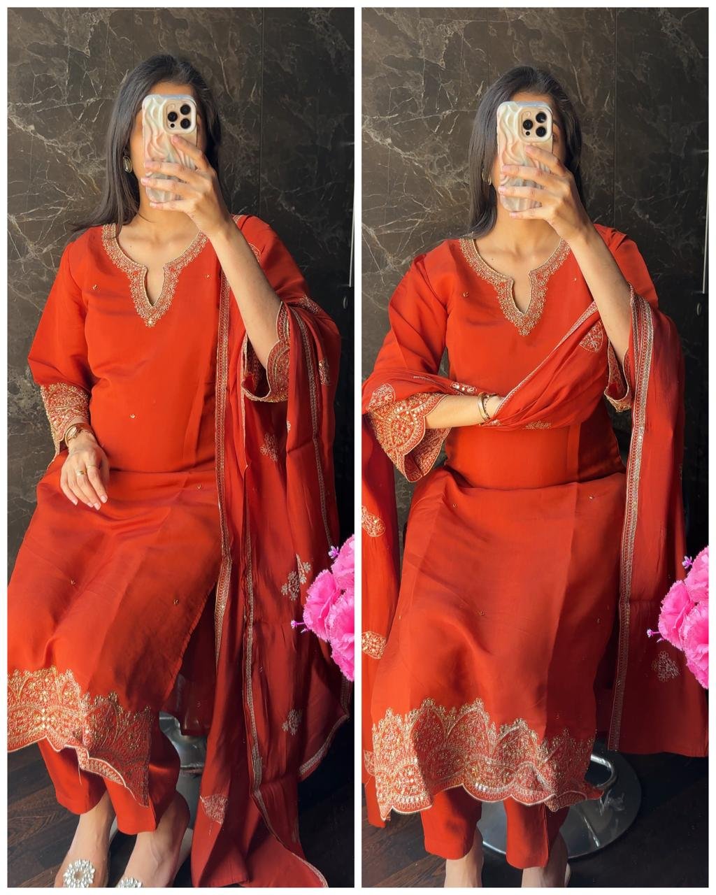 WhatsApp-Image-2026-02-23-at-17.15.30.jpeg Premium Roman Silk Hand work Suit - Rust - Image 1