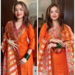Premium Crepe Tissue Meenakari Suit - Orange