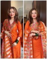 Premium Crepe Tissue Meenakari Suit - Orange