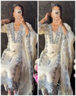 Premium Kora Cotton Embroidered Sciffli Suit - Grey - Image 4