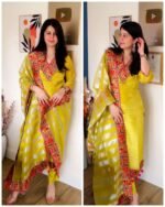 Premium Crepe Tissue Meenakari Suit - lime Yellow - Image 2