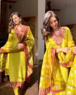Premium Crepe Tissue Meenakari Suit - lime Yellow