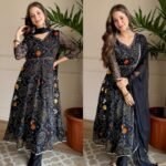 Premium Chiffon Bandhej Anarkali - black