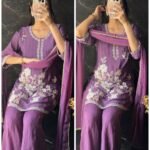 Premium Chinnon Hand work Suit - lavender