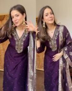 Premium Dola Silk Hand work Suit -wine - Image 2