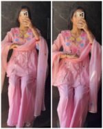 Premium Embroidered mul Chanderi Set - Pink