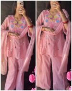 Premium Embroidered mul Chanderi Set - Pink - Image 2