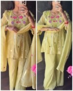 Premium Embroidered Mul Chanderi Set - lemon - Image 2