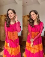 Premium Tiered Pure Chiffon Bandhej Gown with Hand work - Image 3