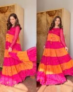 Premium Tiered Pure chiffon Bandhej Gown with Hand work - - Image 2