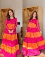 Premium Tiered Pure chiffon Bandhej Gown with Hand work -