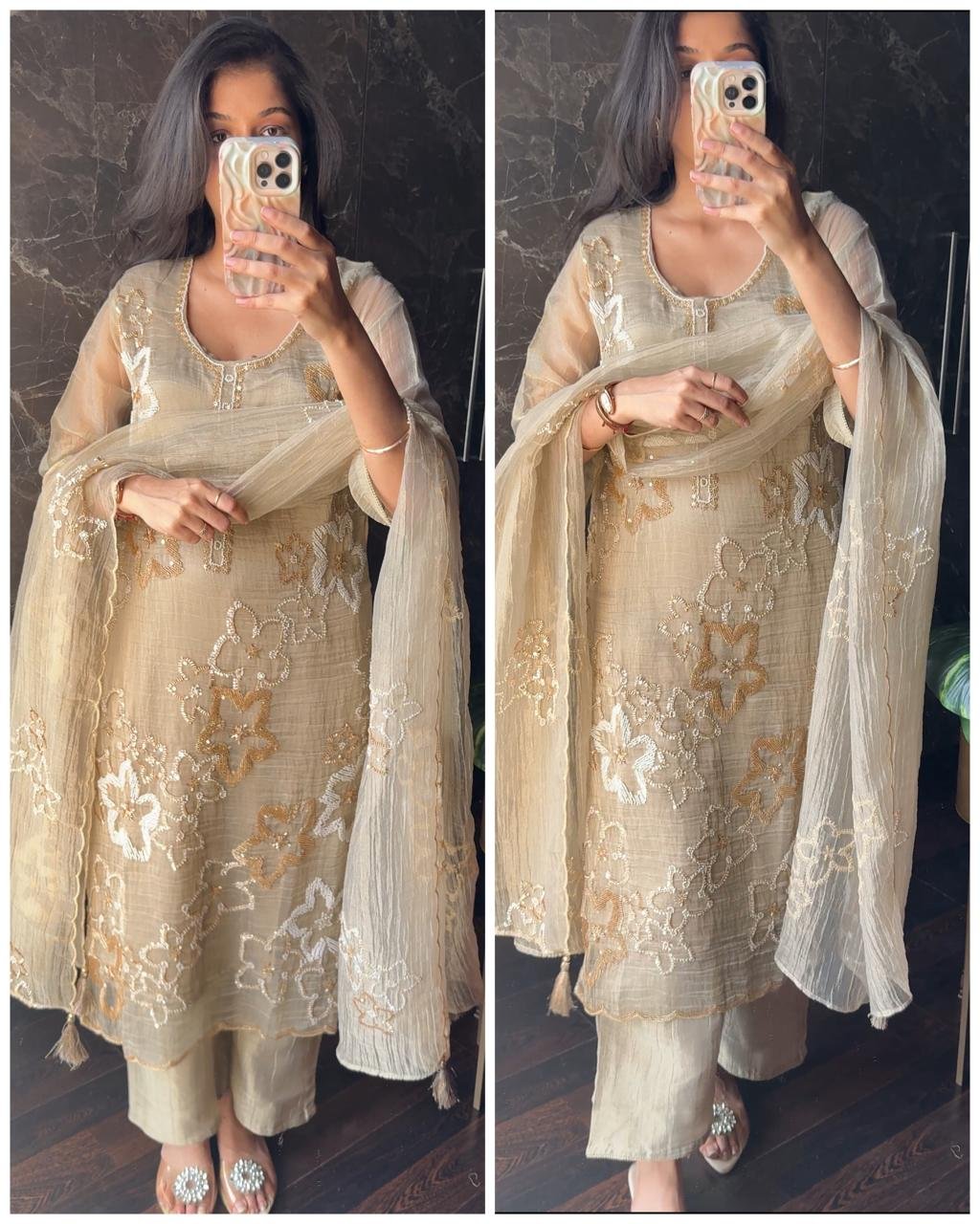 WhatsApp-Image-2026-08-23-at-18.10.15-1.jpeg Premium Crush Salsa Fabric Hand work suit - light chikoo - Image 1