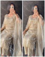 Premium Crush Salsa Fabric Hand work suit - light chikoo - Image 2