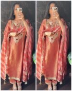 Premium Jewellery theme Aline brocade silk suit - Peach - Image 3