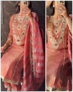 Premium Jewellery theme Aline brocade silk suit - Peach - Image 2