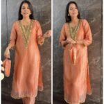 Premium Crush Tissue long Zarina Set with Potli - Peach