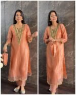Premium Crush Tissue long Zarina Set with Potli - Peach