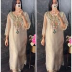 Premium shimmer Tissue long Coord with Hand work -Beige
