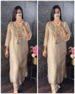 Premium shimmer Tissue long Coord with Hand work -Beige