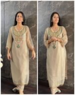 Premium shimmer Tissue long Coord with Hand work -Beige - Image 2