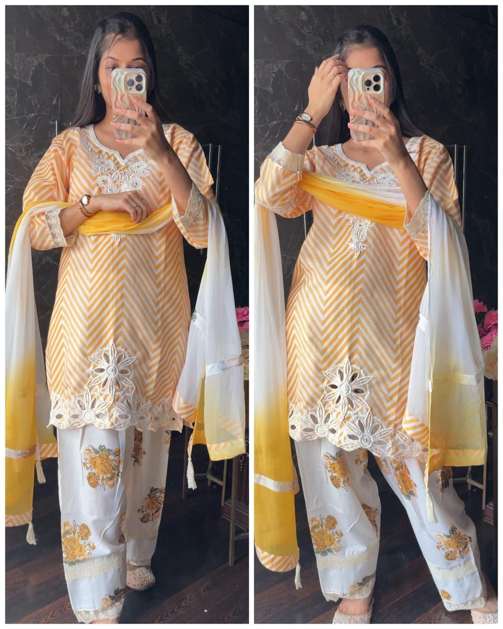 WhatsApp Image 2026-09-01 at 19.19.41 (1) Premium Cotton FARSHI floral Suit - Yellow - Image 1