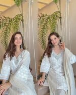 Premium Sciffli Embroidered Farshi Cotton suit - White