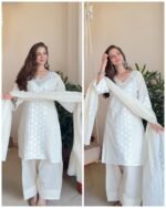 Premium Sciffli Embroidered Farshi Cotton suit - White - Image 3