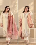 Premium Ivory Tissue Suit with Banarasi Dupatta -Pink
