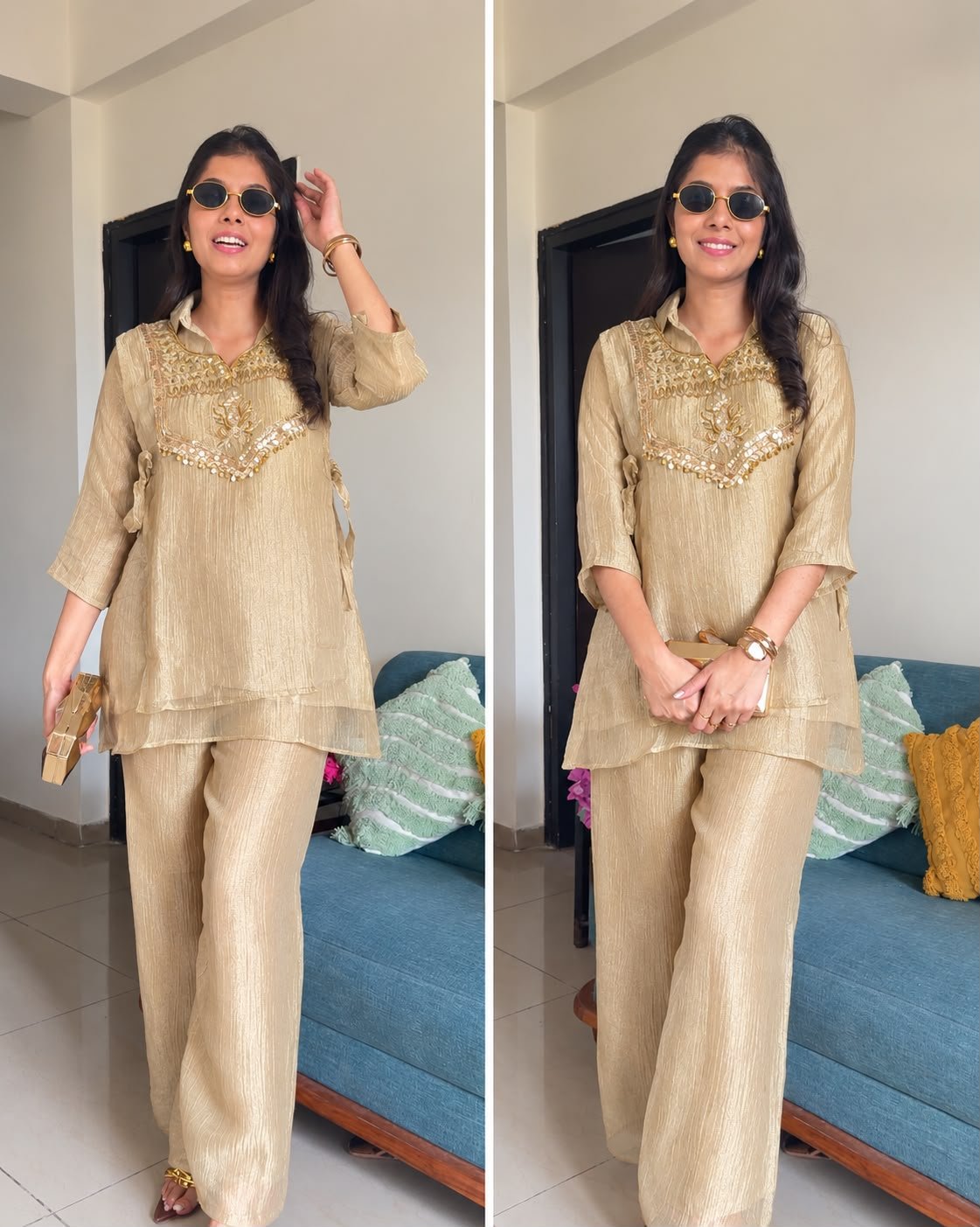 WhatsApp Image 2026-09-30 at 20.08.18 (2) Gold Luxe -Handworked Crush Tissue Co-ord Set - Image 1