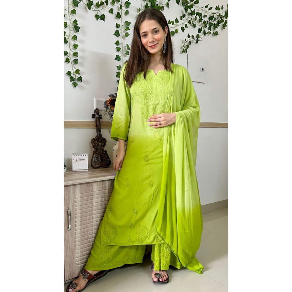 ab-46.jpg Dual-toned ombre chikankari set - Neon Green - Image 1