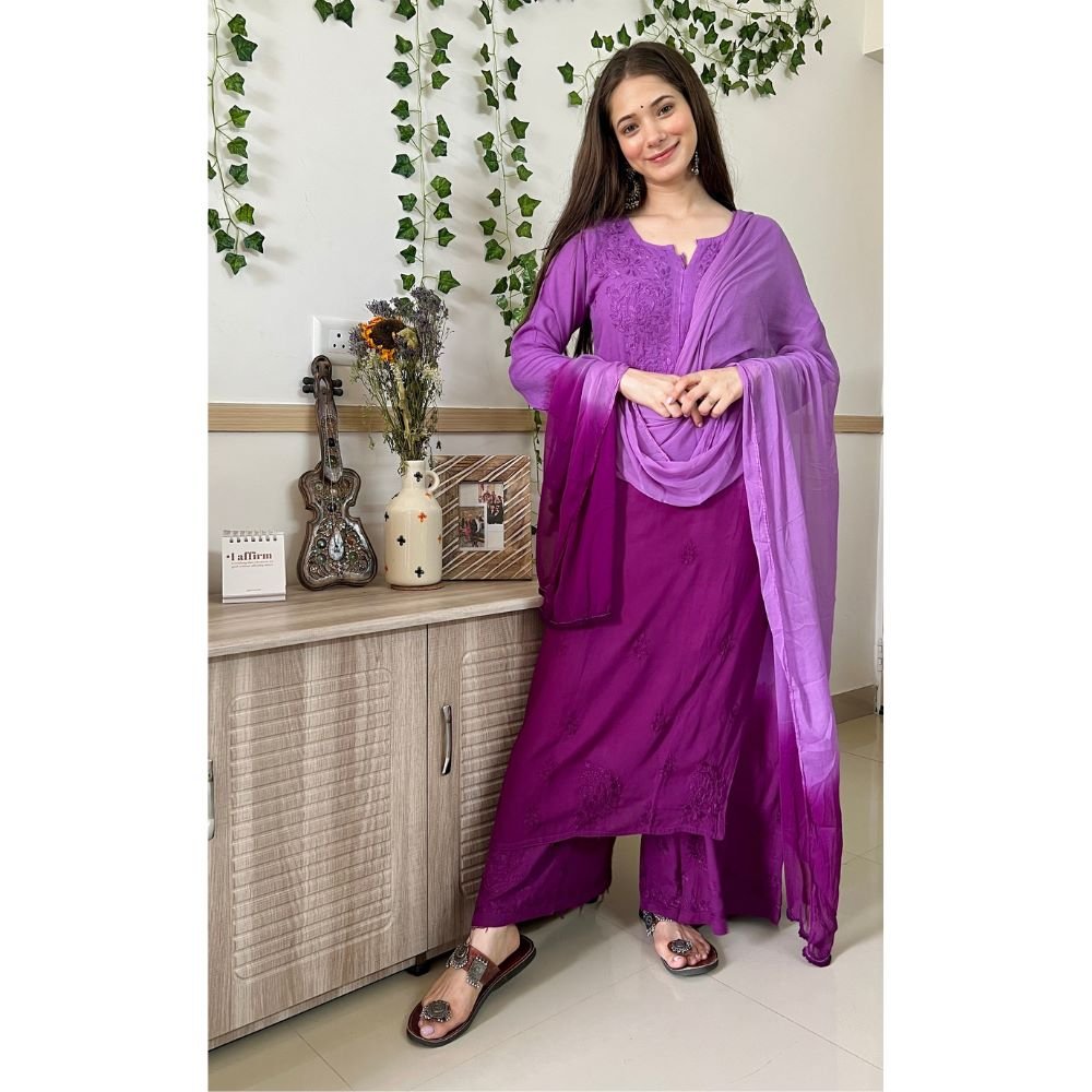 ab-50.jpg Dual-toned ombre chikankari set - Purple - Image 1