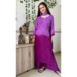 Dual-toned ombre chikankari set - Purple - Image 4