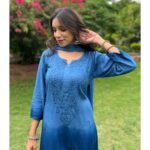 Dual-toned ombre chikankari set - Royal Blue - Image 2