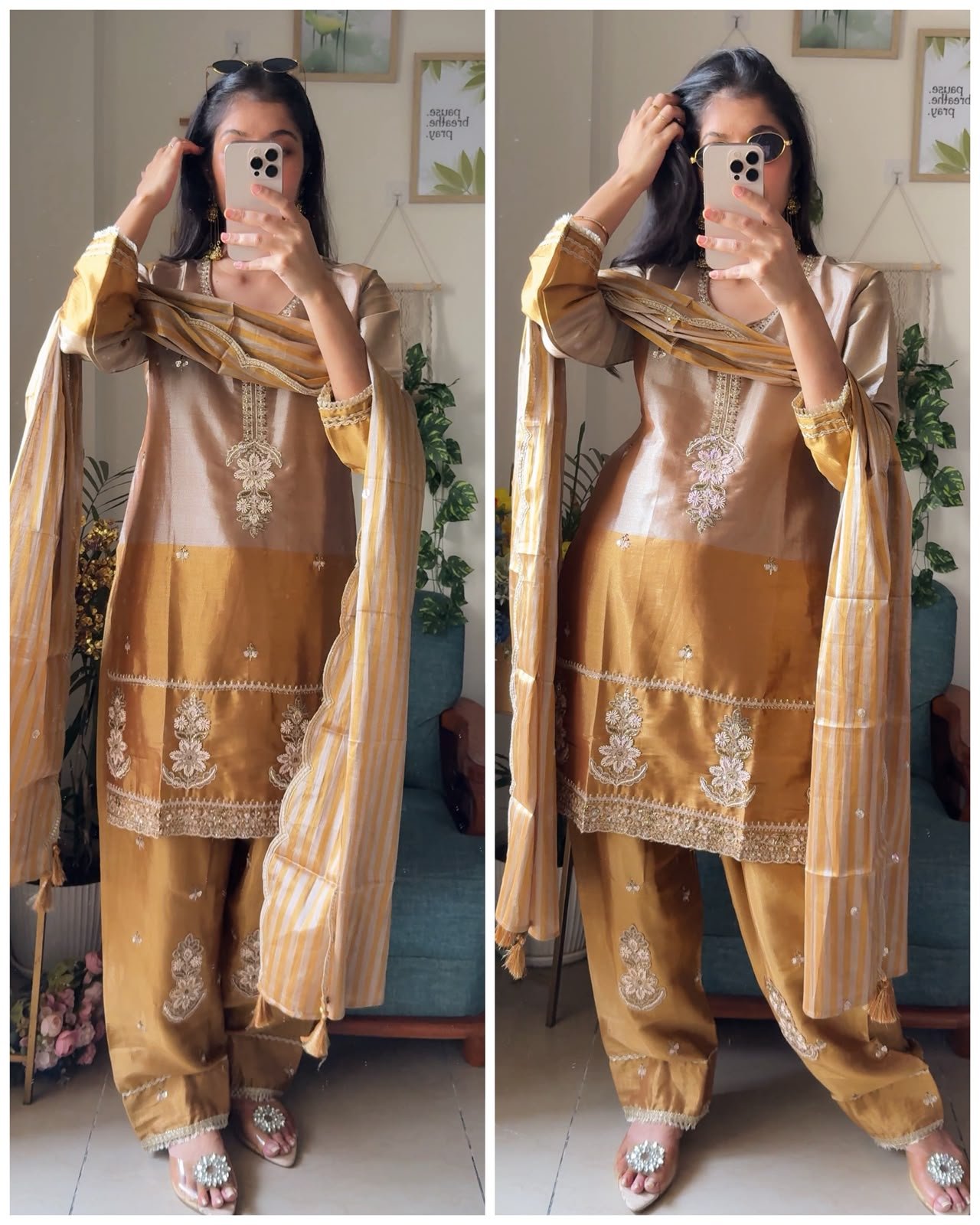 WhatsApp Image 2026-10-01 at 19.25.59 Champagne Royale – Premium Tissue farshi Suit Set - Image 1