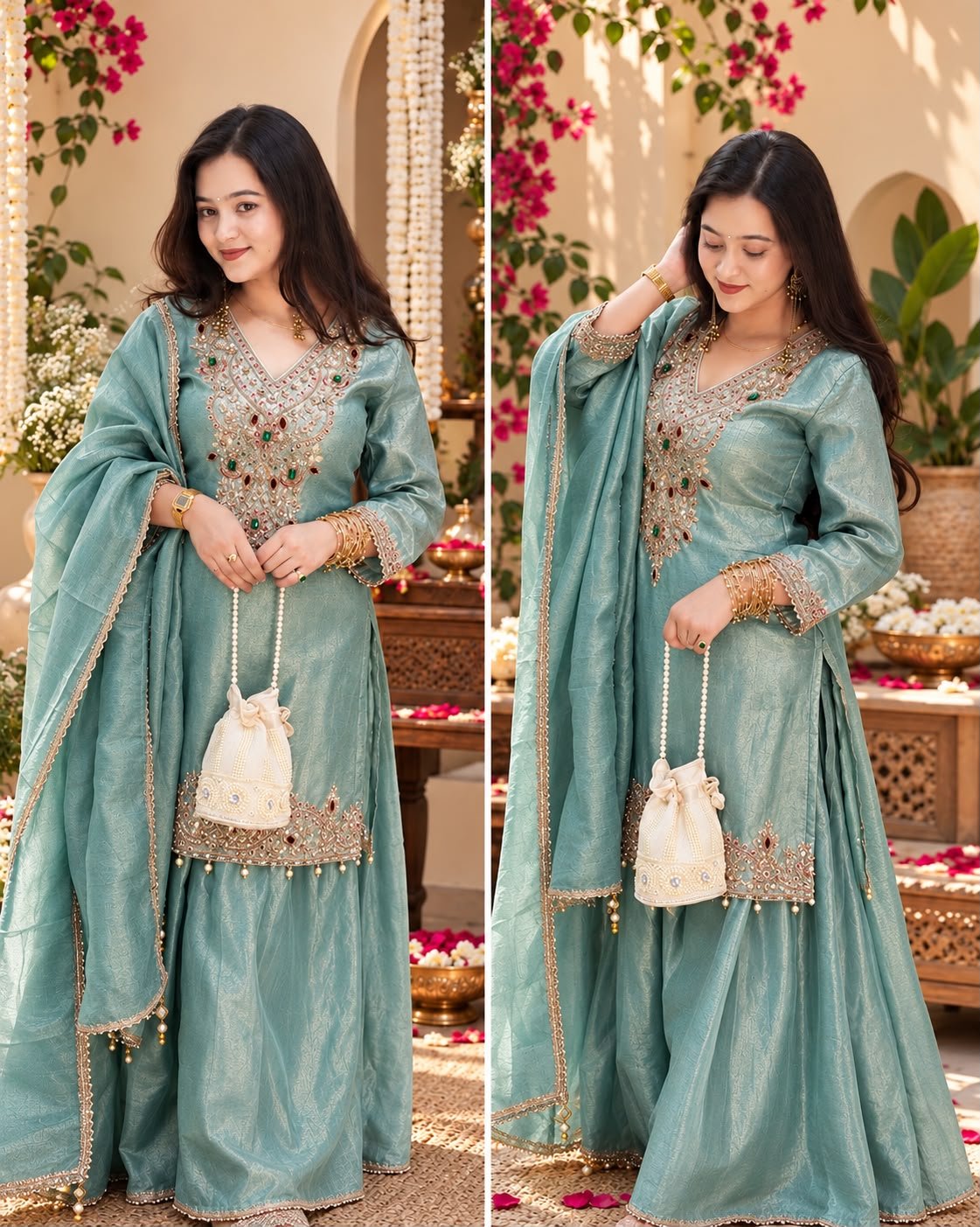 WhatsApp Image 2026-10-12 at 18.55.25 (1) Dusty Aqua blue Kundan Set -Jewellery Neckline - Image 1