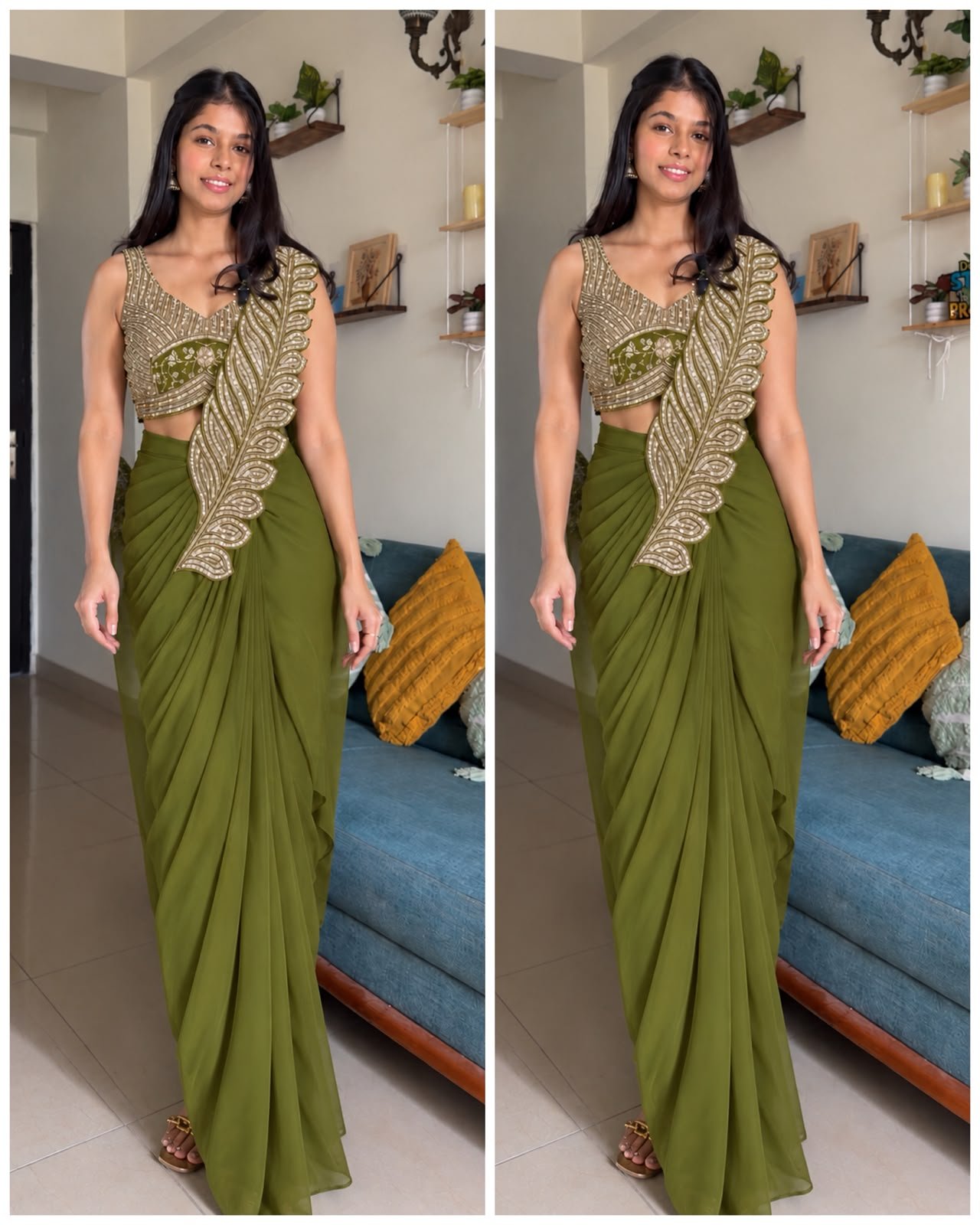 WhatsApp Image 2026-10-17 at 19.30.53 The Heena green – Luxury Pre-Draped Saree - Image 1