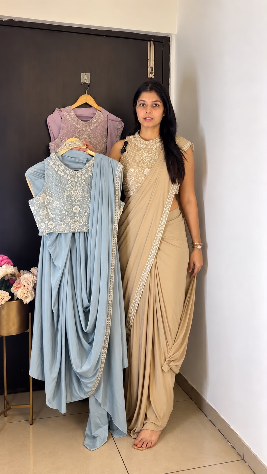WhatsApp Image 2026-10-19 at 20.27.07 The Royal Aura Pre-Draped Saree Beige - Image 1