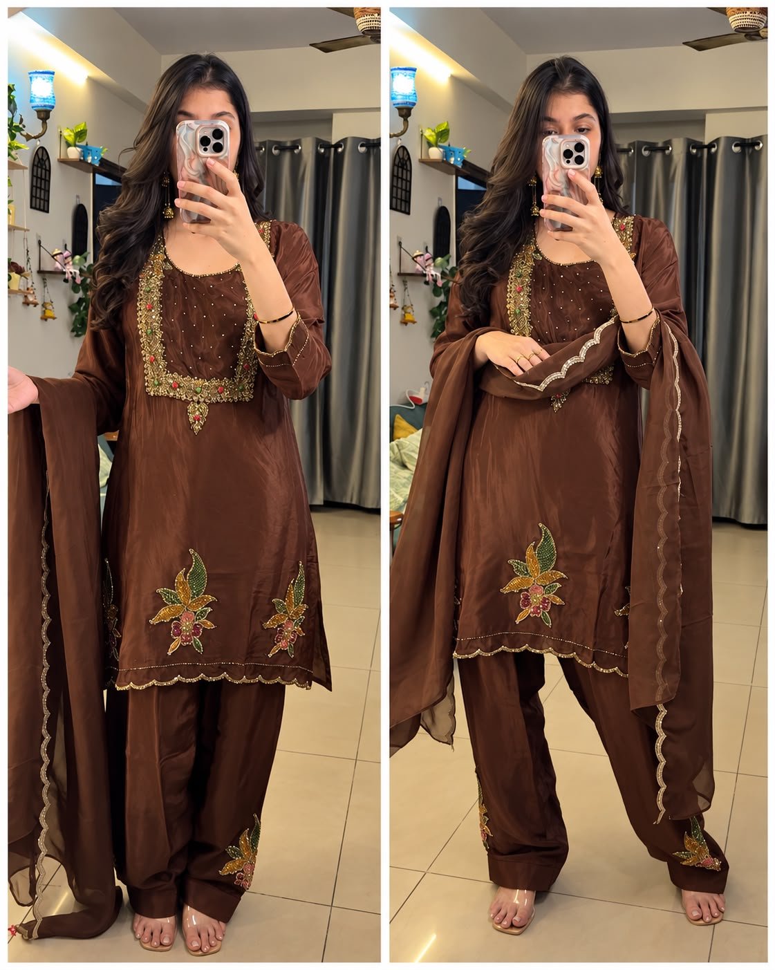 WhatsApp Image 2026-10-20 at 19.35.39 Gulnaar Mocha Handwork Farshi Suit Set - Image 1