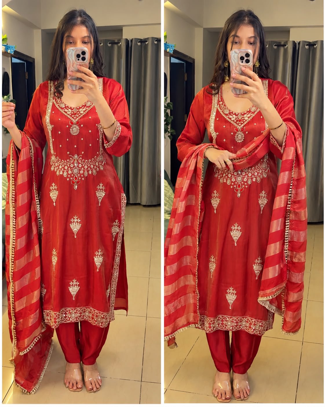 WhatsApp Image 2026-10-21 at 18.39.45 Royal Jewellery Neckline Handwork Tissue Suit Set – Ruby - Image 1
