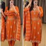 Royal Jewellery Neckline Handwork Tissue Suit Set – Orange